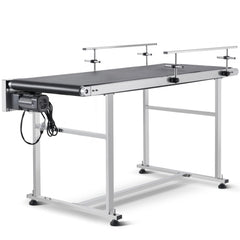 Bostome 59" stainless steel motorized belt conveyor with adjustable tension and bi-directional speed.