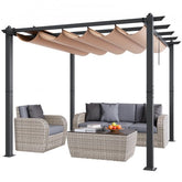 Bostome 10x10 outdoor retractable pergola with a beige canopy and sturdy aluminum frame.