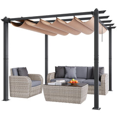Beige canopy retractable pergola with a heavy-duty aluminum frame and thick posts.