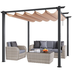 Beige canopy retractable pergola with a sturdy aluminum frame and adjustable sliding design.
