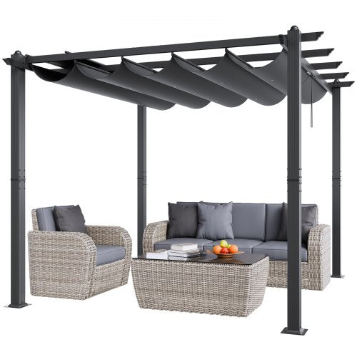 A 10x10 ft gray aluminum retractable pergola with wicker patio furniture and a coffee table.