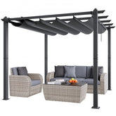 A 10x10 ft gray aluminum retractable pergola with wicker patio furniture and a coffee table.