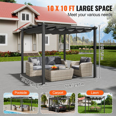 10x10 ft retractable pergola with gray aluminum canopy and frame on a patio.