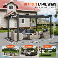 Gray aluminum retractable pergola measuring 10x13 feet with outdoor seating underneath.