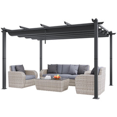 Gray aluminum 10x13 ft retractable pergola with canopy over wicker sofa set and coffee table.