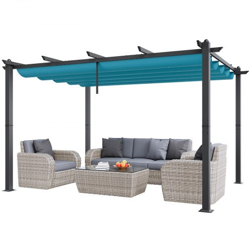 Blue aluminum frame pergola with a retractable canopy for outdoor shade and comfort.
