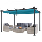 Blue aluminum frame pergola with a retractable canopy for outdoor shade and comfort.