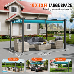 Blue aluminum frame pergola with a retractable canopy for outdoor shade and comfort.