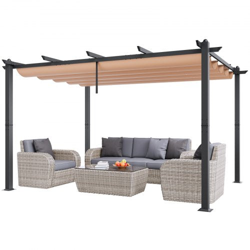 Beige outdoor retractable pergola with heavy-duty aluminum frame and adjustable sun shade.
