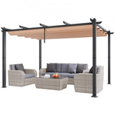 Beige outdoor retractable pergola with heavy-duty aluminum frame and adjustable sun shade.