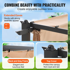 Beige outdoor retractable pergola with heavy-duty frame and adjustable sun shade.