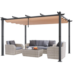 Beige outdoor retractable pergola with heavy-duty aluminum frame and adjustable canopy.
