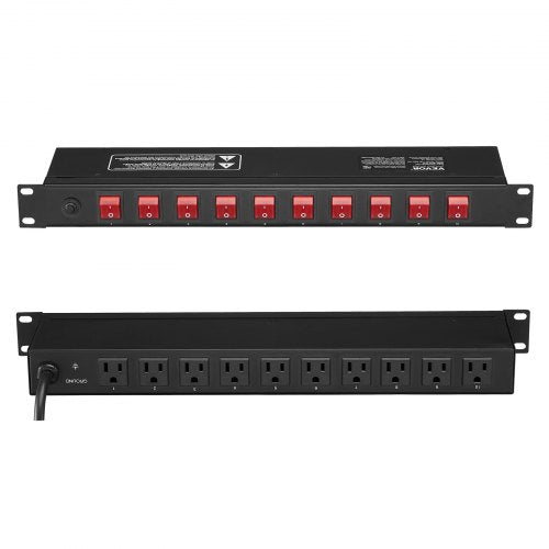 Black 19-inch 1U rack-mount PDU with 10 outlets, surge protection, and red switches.