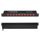 Black 19-inch 1U rack-mount PDU with 10 outlets, surge protection, and red switches.