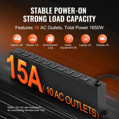 19-inch 1U rack mount PDU with 10 AC outlets, surge protection, and 15A capacity.