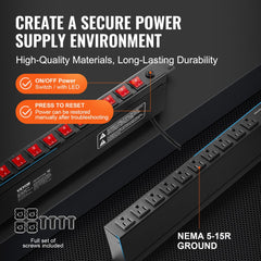 19-inch 1U rack mount PDU with 10 NEMA 5-15R outlets, surge protection, and individual switches.