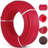 Red 3/4" PEX tubing coil, 300ft long, designed for hydronic radiant heat systems.