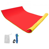 Red and yellow 18x6ft XPE floating water mat with mesh bag and blue tow rope.