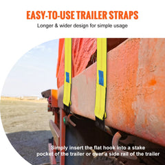 Yellow 4"x30' winch straps with flat hooks, designed for heavy-duty cargo securement.