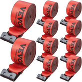 Red 4"x30' winch straps with flat hooks, designed for heavy load securement, 10 pack.