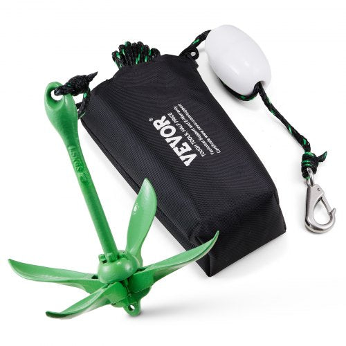 Green 3.5 lb folding kayak anchor kit with 8m rope, white buoy, and black carry bag.