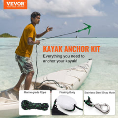 Man using Bostome 3.5 lb kayak anchor kit with 8m rope and buoy on a kayak in water.