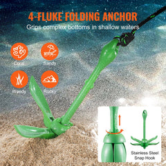 Green 3.5 lb folding kayak anchor with four flukes, 8m rope, buoy, and stainless snap hook.