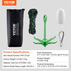3.5 lb folding kayak anchor kit with green buoy, 8m rope, and black carry bag.