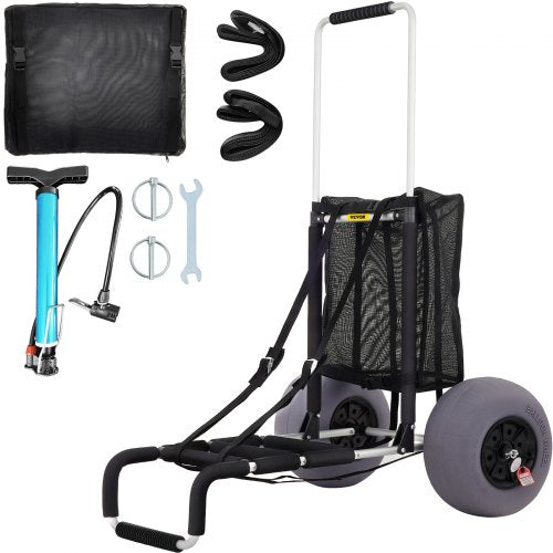 Black folding beach cart with large mesh basket, 13-inch wheels, and adjustable handle.