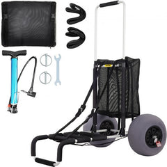 Black folding beach cart with large mesh basket, 13-inch wheels, and adjustable handle.