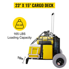 Folding beach cart with 23x15-inch deck, 13-inch wheels, and 165-pound capacity.