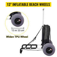 Folding beach cart with 23x15-inch deck, 13-inch TPU wheels, and 165 lbs capacity.