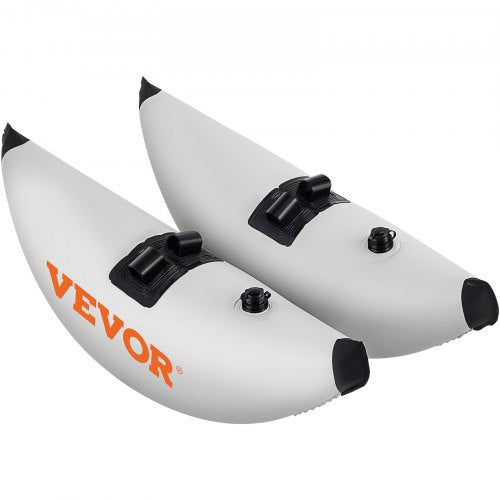 Inflatable PVC float system kit with stabilizers and adjustable connecting rod for kayaks.