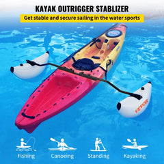 Inflatable PVC float system kit with stabilizers and adjustable connecting rod for kayaks.