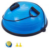 Blue half exercise ball trainer with detachable bands and anti-skid texture for stability.
