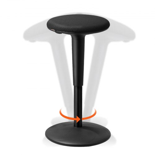 Black height-adjustable wobble stool with 360-degree swivel and 21.7-28.3in range.