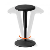 Black height-adjustable wobble stool with 360-degree swivel and 21.7-28.3in range.