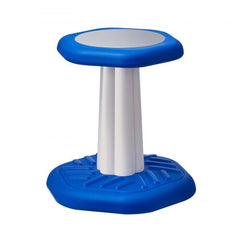 Blue hexagonal wobble stool with white stem and grippy base for kids.