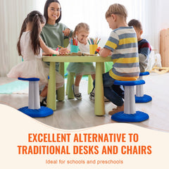 Blue Bostome kids wobble chair with active stool design for ages 3-7, shown in classroom use.