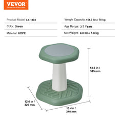 Green wobble chair for kids with a non-slip base and 360° swivel design for active sitting.