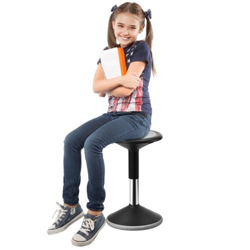 Black height-adjustable wobble chair for kids with 360° swivel and anti-tip base.
