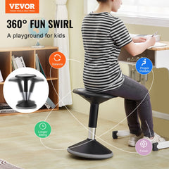 Black height-adjustable wobble chair for kids with a 360° swivel and non-slip base.