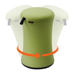 Green fabric height-adjustable wobble chair with a sturdy anti-slip base and 360° rocking feature.