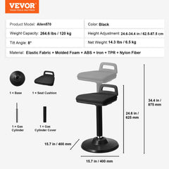 Black elastic fabric wobble chair with height adjustment and 360° rocking feature.