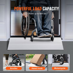 Aluminum modular door threshold ramp for 2-inch rise, holding up to 800 lbs, shown with wheelchair and uses.