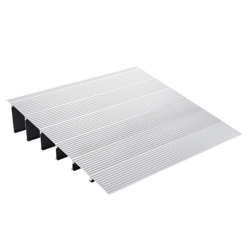 Aluminum modular door threshold ramp with 6 inch rise and slip-resistant surface, supports 800 lbs