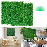 12-pack of 10x10 inch UV-protected artificial boxwood panels in lush green, shown installed as privacy walls.