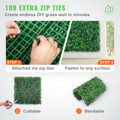 12-pack of 10x10 inch UV-protected artificial boxwood panels with interlocking grid for easy installation.