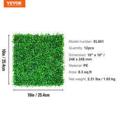 12-pack of 10x10 inch UV-protected artificial boxwood panels in green.