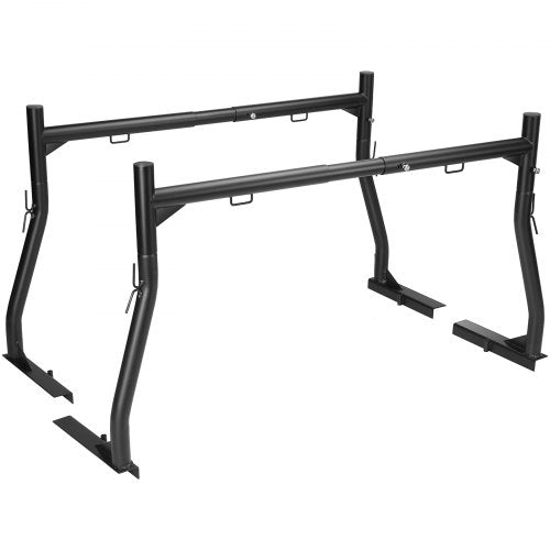 Black extendable steel truck ladder rack with adjustable 46-71 inch frame and mounting brackets.